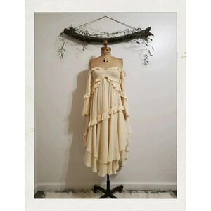 Spell | Cream Gold Smocked Tiered Metallic Mermaid Dress